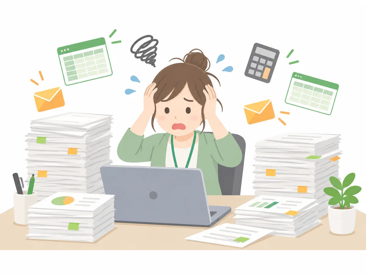 書類の山の前で困っている事務担当のイラスト